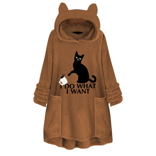 Hooded Pullover with Cat Print, Long Sleeves, Reversible, Velvet Sweater