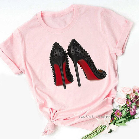 Women's high heels printed T-shirt