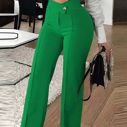 Women's Slim-Fit Green Wide-Leg Trousers for Leisure and Commute