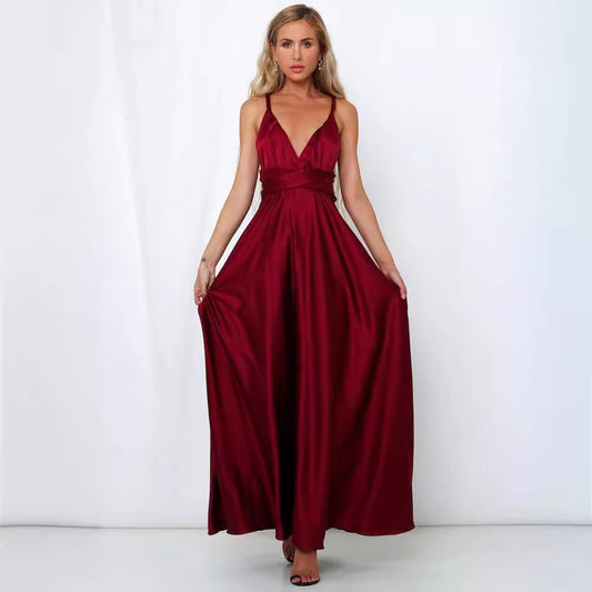 Women's Deep V-neck Sleeveless Lace-up Sexy Backless High Waist Large Swing Satin Dress