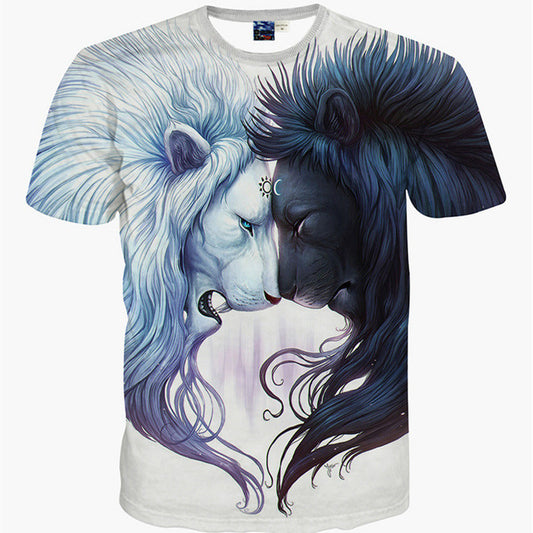 New Men's Printed 3D Cartoon Double Lion Fashion Short Sleeve T-shirt