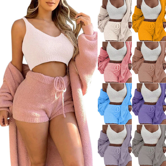 Women's Three-piece Clothing Set: Long Sleeve Crop Tank Top and Drawstring Shorts Pajama Set