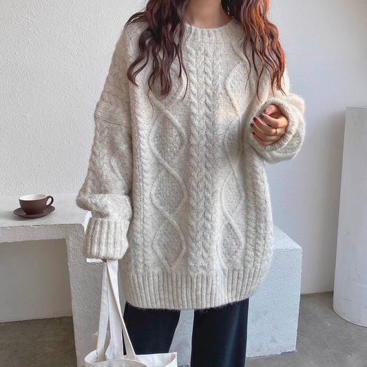 Women's Mohair Sweater for Autumn and Winter: A Thickened, Loose, Cozy-Style Pullover with Mid-Length Twist Knit