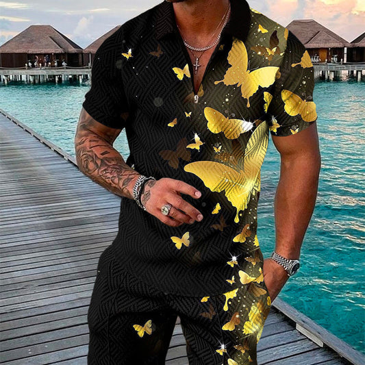 Men's Summer Fashion 3D Printed Short Sleeve Geometric Zip Lapel Shirt Set